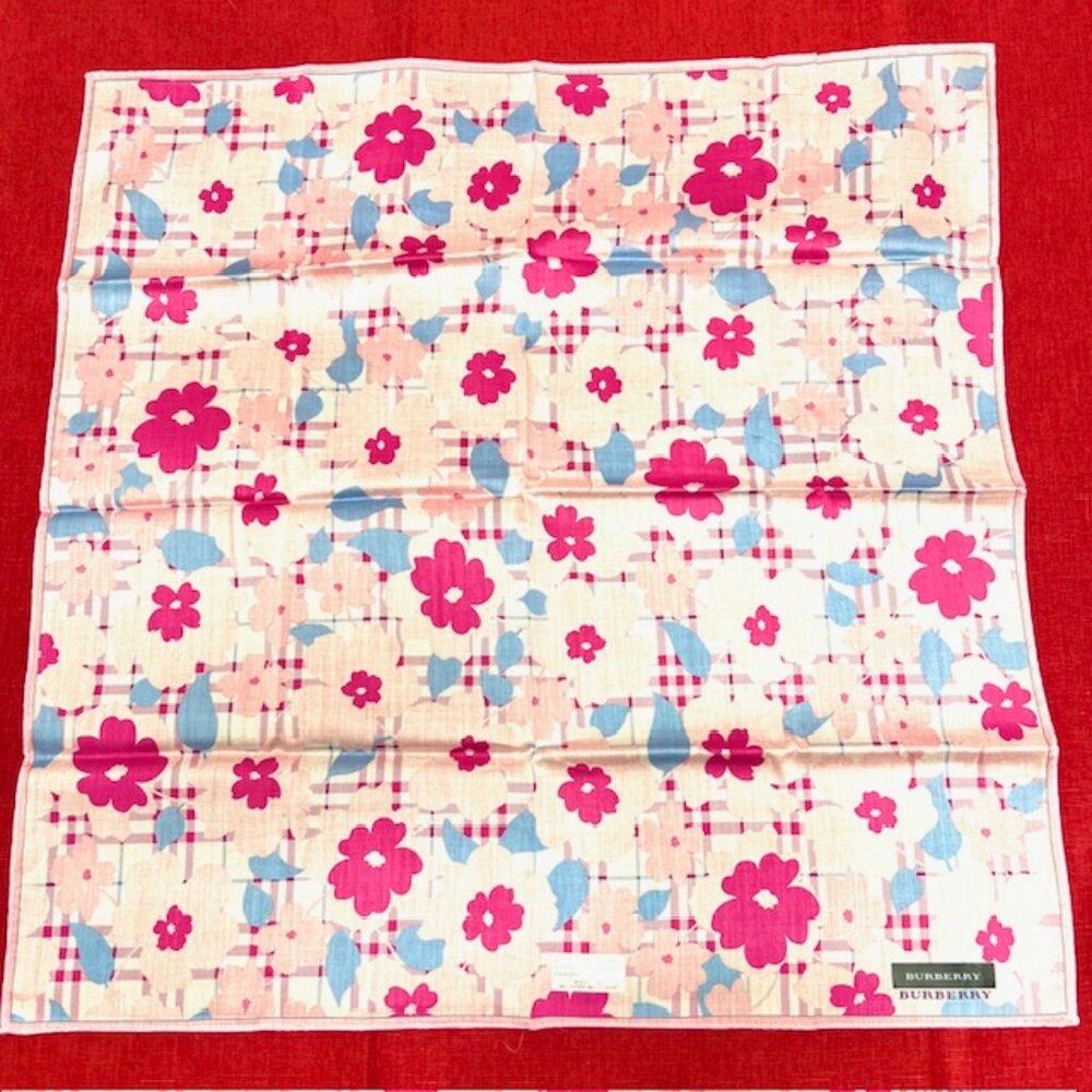 New Burberry Miniscarf/handkerchief 19. 5"cotton/silkpink blue floral check (32) - Picture 6 of 12